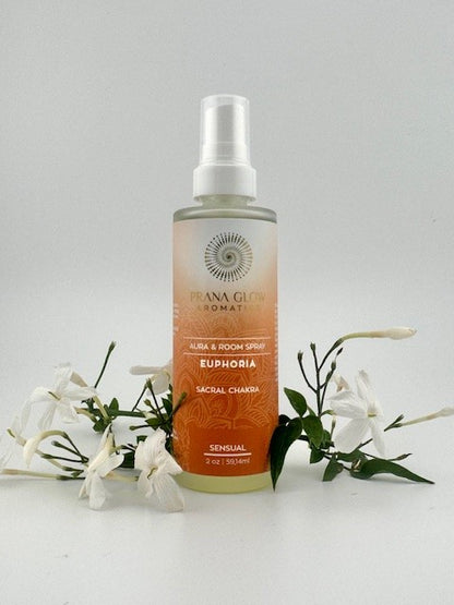 Euphoria Aura and Room Spray.  Aromatherapy spray that inspires sensuality and creativity.  Bottle with jasmine flowers and white background.